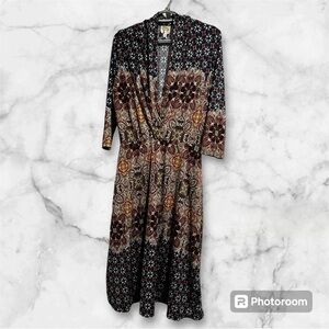 Fig & Flower Dress Medium Boho Midi Crossover Neckline Mixed Media Boho Country